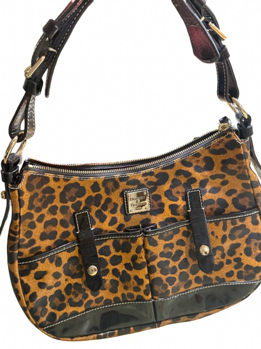 Dooney & Bourke Leopard Print Calf Hair Hobo Bag Black Patent Leather Trim